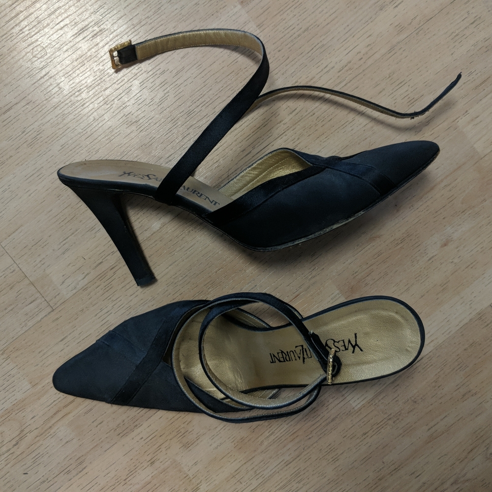 YSL black dressy ankle strap high heal shoes, size 8 M